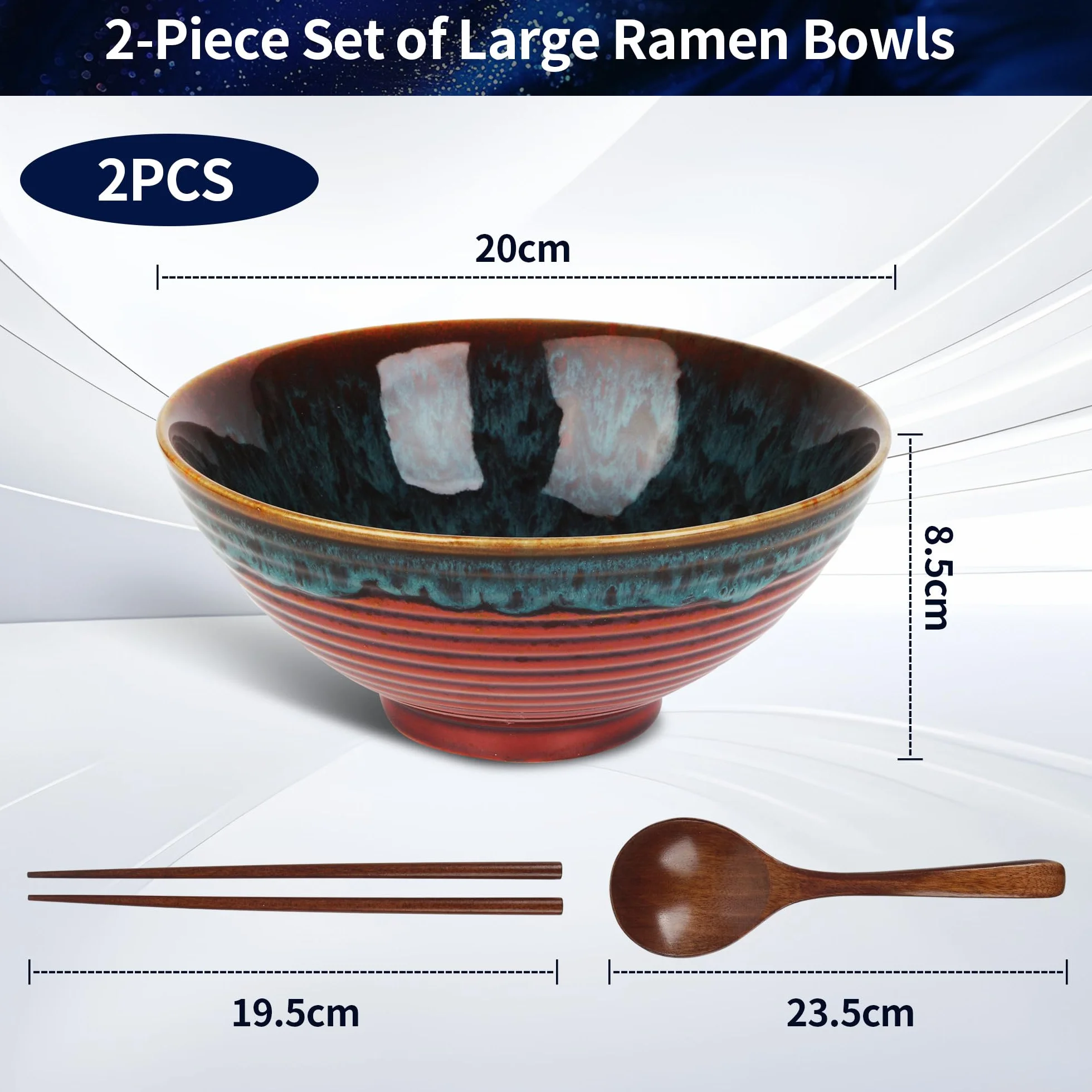 JIYANA 2 x 1200ml Ciotola Ramen in Ceramica con Bacchette e Cucchiai, Ciotole Ramen Giapponesi 20cm, Ramen Bowl Set per Ramen e Noodles, Ciotole Ceramica Bowl per Casa Uso Quotidiano