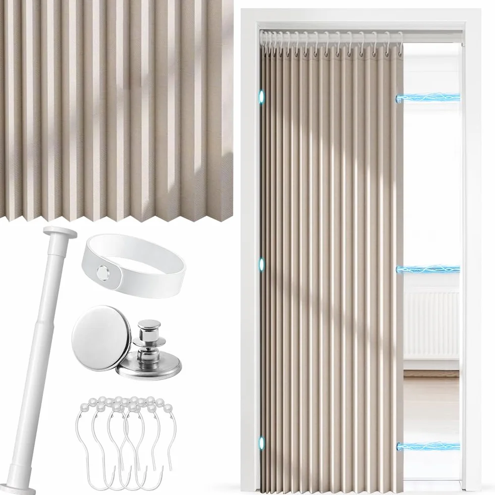 Tenda senza foratura, tenda termica con asta telescopica, divisorio magnetico per porta e camera, adatto per tende termiche, porte pieghevoli, tende per armadi, divisori e porte della cucina (Bianco)