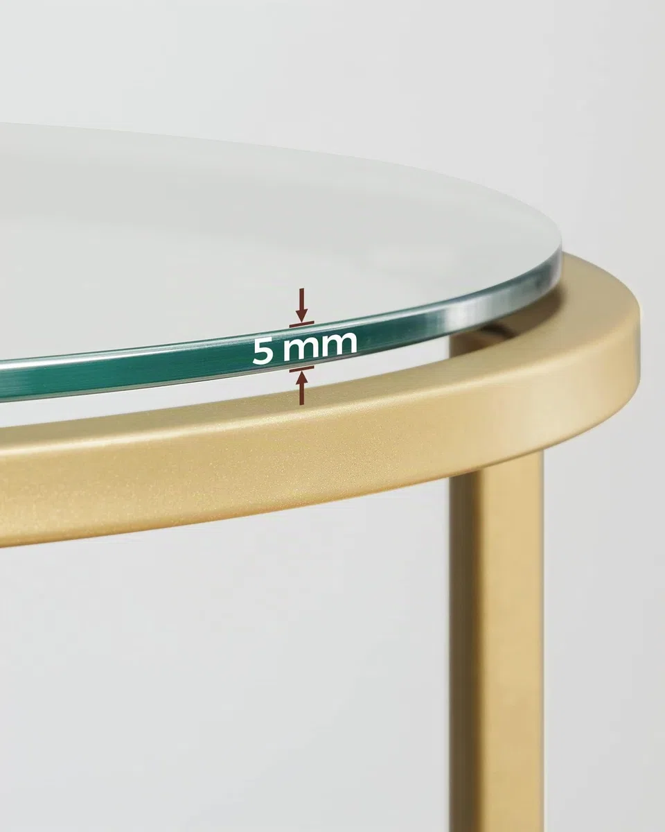 VASAGLE Tavolino Rotondo, Tavolino da Caffè, Struttura in Metallo, Comodino, Piano in Vetro Temperato, Tavolino da Divano per Soggiorno, Balcone, Dorato e Trasparente LGT20G