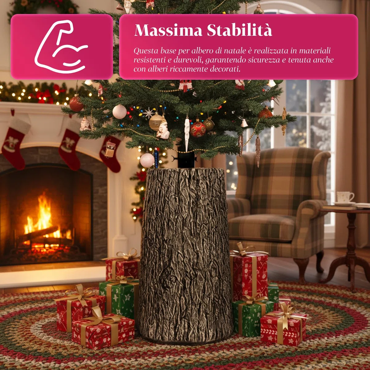 Avilia – Base Albero di Natale XXL da 52,5 cm a Forma di Tronco Effetto Legno Realistico, Ø Aggancio 3,7xH7 cm, Supporto Robusto e Decorativo per Alberi da 120 a 210 cm Stabili e Sicuri