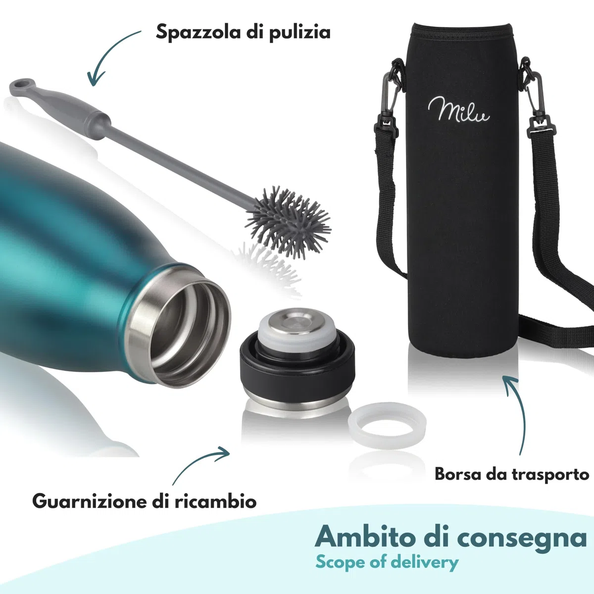 Milu - Thermo in acciaio inox da 350/500/750/1000ml/1,5L borraccia termica, a prova di perdite, a doppia parete, adatta per bevande gassate, con spazzola per la pulizia (Verde, 1L)