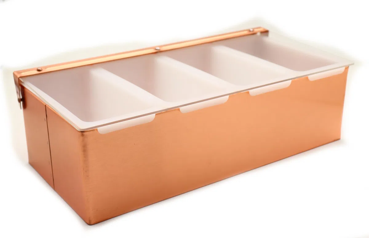 Porta Condimenti Pizzeria Pizza Bar 4 Vaschette in Acciaio Inox Ramato, Dispensatore di Condimenti, Contenitore Portacondimenti con Coperchio, Vassoio per Frutta Contorno e Condimento (4 scomparti)