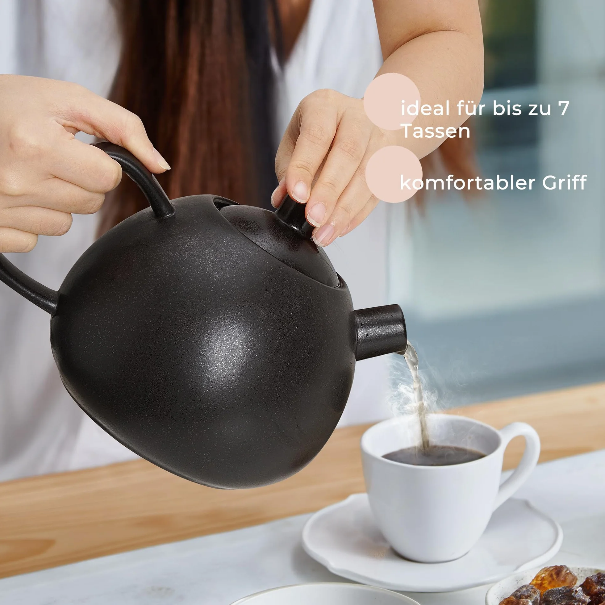 Grande teiera con filtro – 1,4 l – Teiera in ceramica – moderna teiera con colino per tè sfuso, robusta e insapore (antracite)
