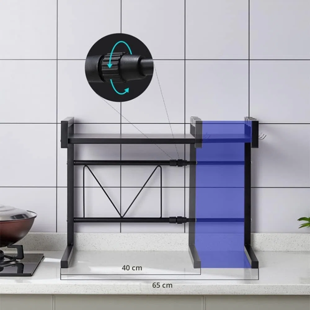 Supporto Extensible in metallo, Rastrelliera per Forno a microonde, ripiano espandibile e Regolabile in Altezza,Organizer da Cucina a 2 Livelli con 3 Ganci, Acciaio al Carbonio 42 cm (40-65 cm) nero