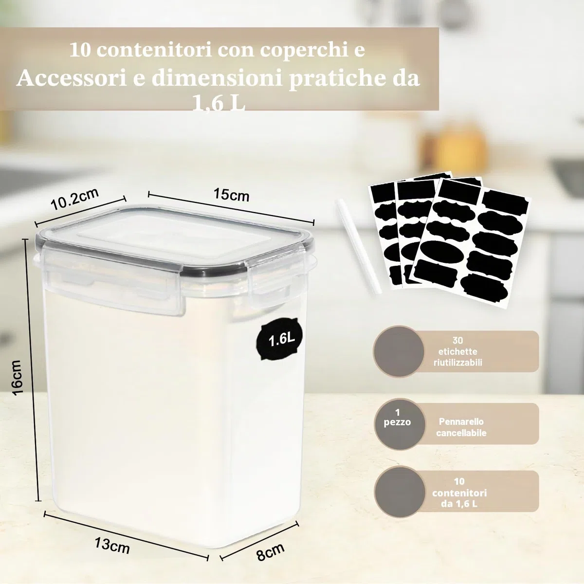 GoMaihe Set di 10 Contenitori Ermetici per Alimenti in Plastica da 1,6L con Coperchio, Senza BPA – Barattoli da Cucina per Pasta, Farina, Cereali, Nero