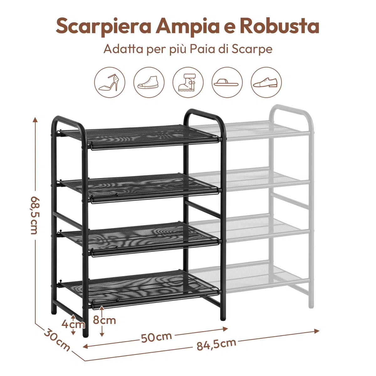 Yaheetech Scarpiera Estensibile in Rete Metallica Organizer Scarpe Ventilato Moderno per Ingresso Corridoio o Spogliatoio Capacità 15-20 Paia di Scarpe (Nero, 4 Livelli)