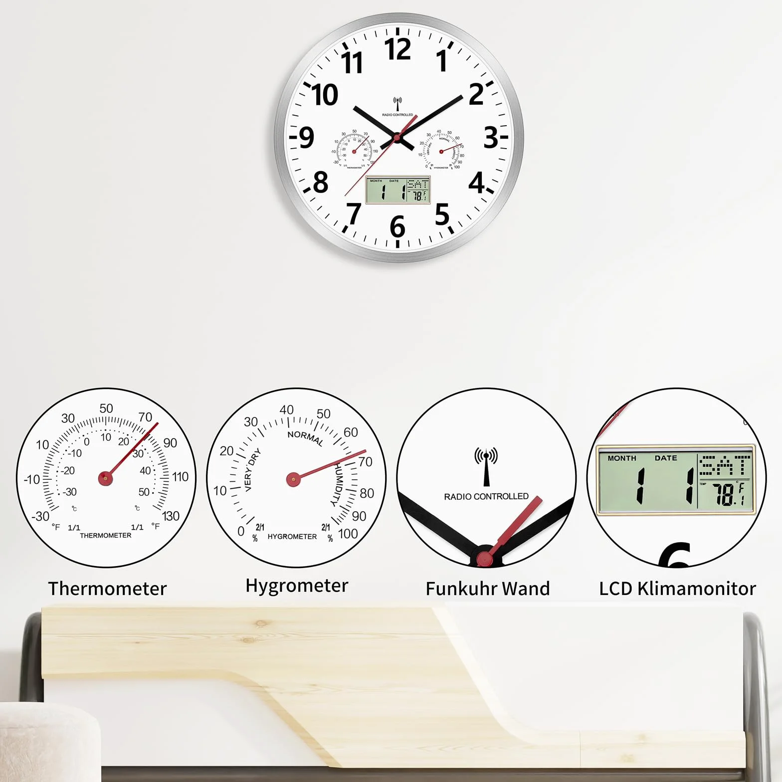 Foxtop Orologio da Parete Radiocontrollato Digitale/Analogico 30 cm con Igrometro, Termometro e Display LCD Multilingue, Silenzioso per Interni