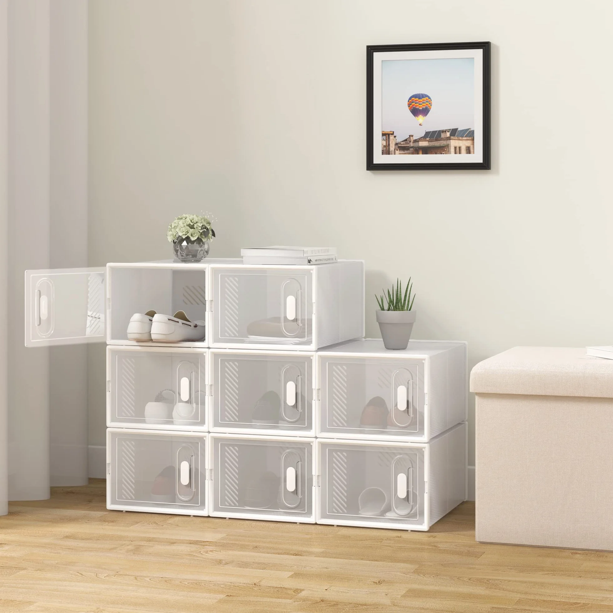 WOLTU Set di 8 Scatole per Scarpe Contenitore Portascarpe Scarpiera Organizzatore Portaoggetti Impilabile Salvaspazio Coperchio Magnetico Plastica Trasparente Bianco 35x25x19cm
