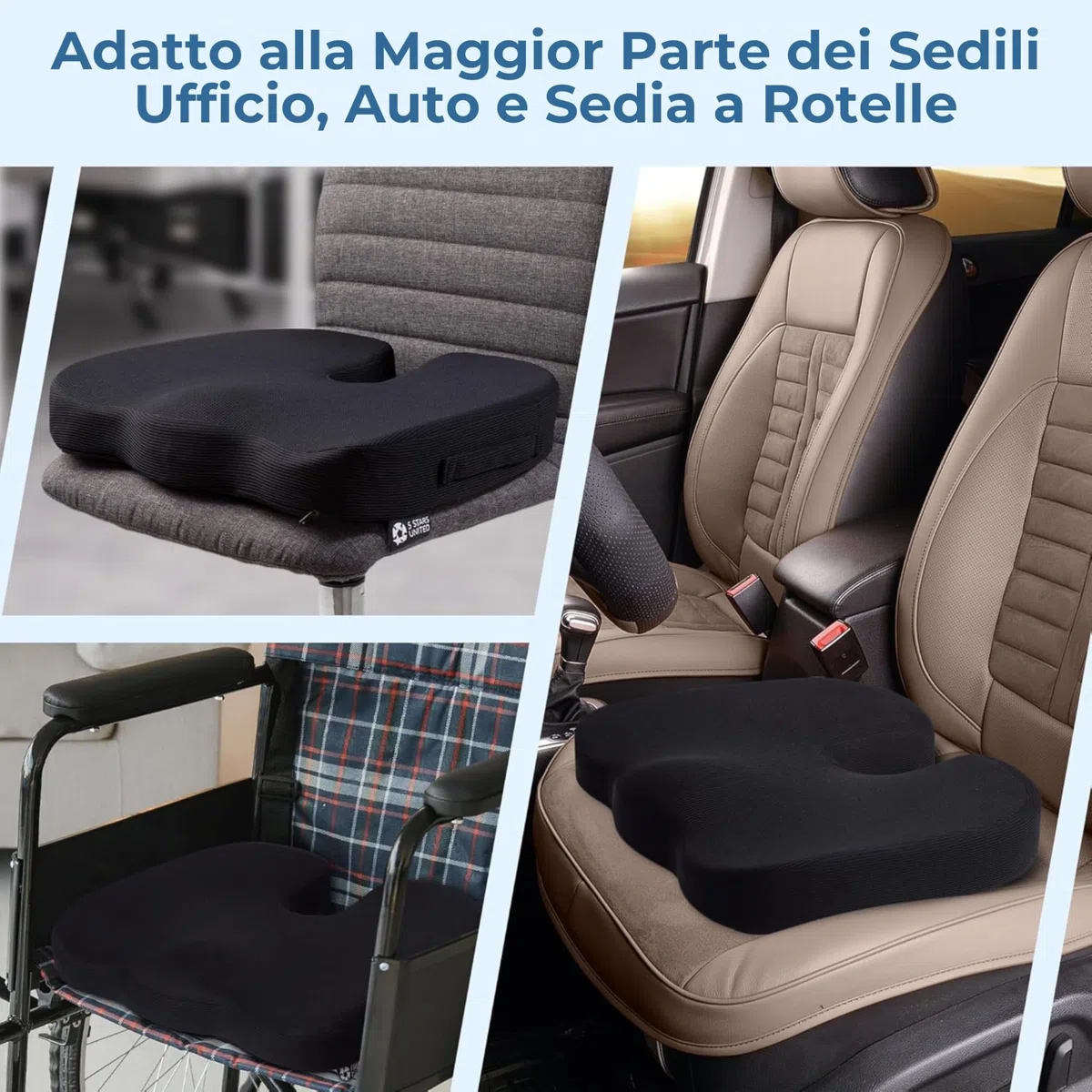 5 STARS UNITED Cuscino memory foam ergonomico per coccige e sedia ufficio, sollievo sciatica e mal di schiena, antiscivolo, fodera lavabile - Nero