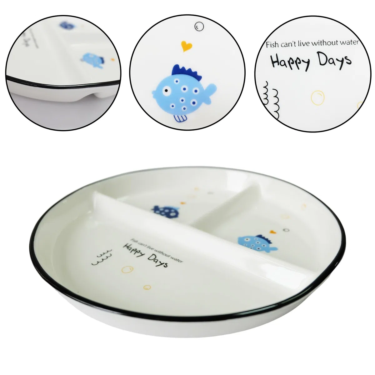 2 Pezzi Piatti da pranzo Ceramica, Piatti Divisi In Ceramica, Piatti Snack Con Scomparti, Per Pasti Divisi, Feste, Snack, Insalate, Dessert (Motivo Pesce)