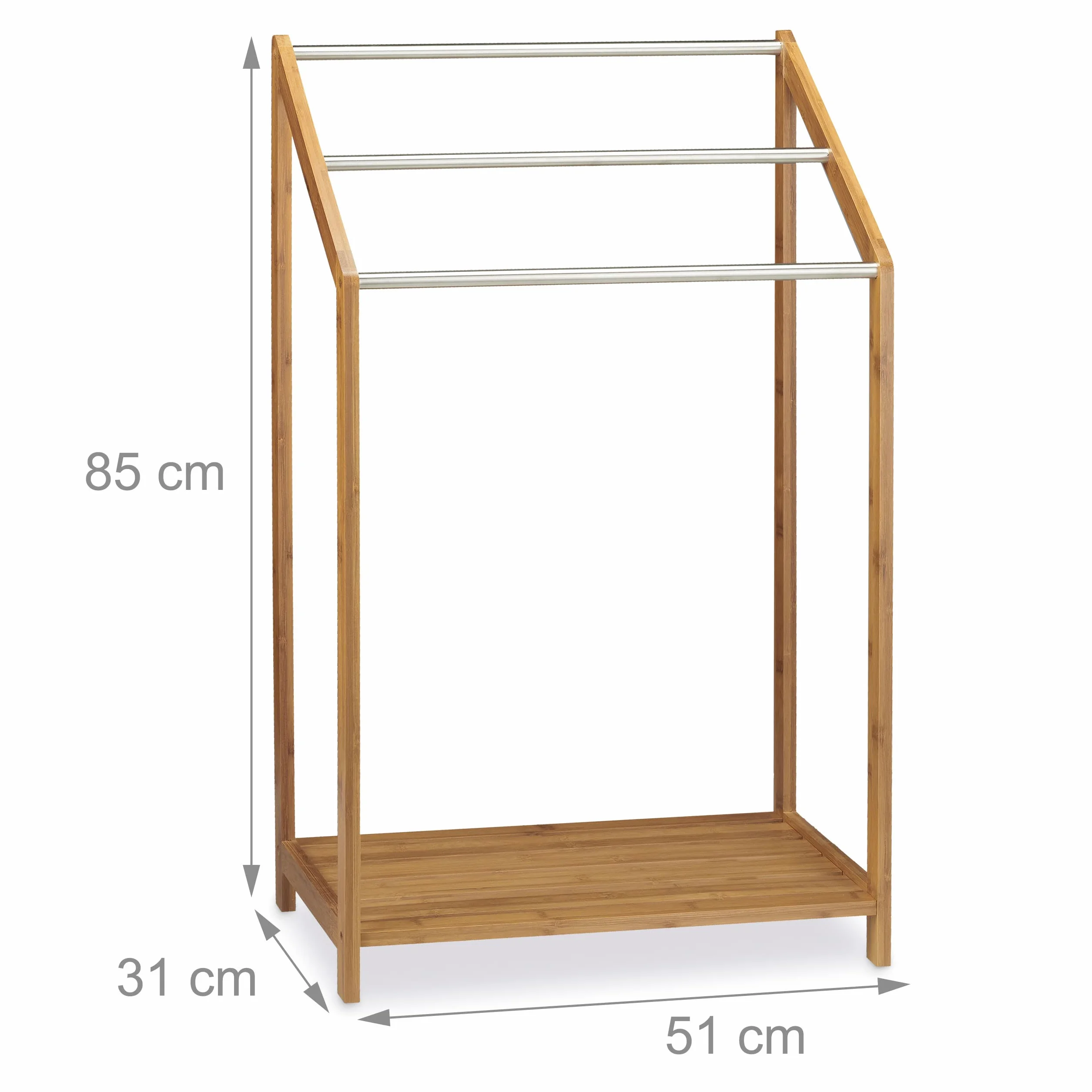 Relaxdays Porta Asciugamani in Bambù, con 3 Aste, Stand da Terra per Bagno, Moderno, HLP 85 x 51 x 31 cm, Legno Naturale
