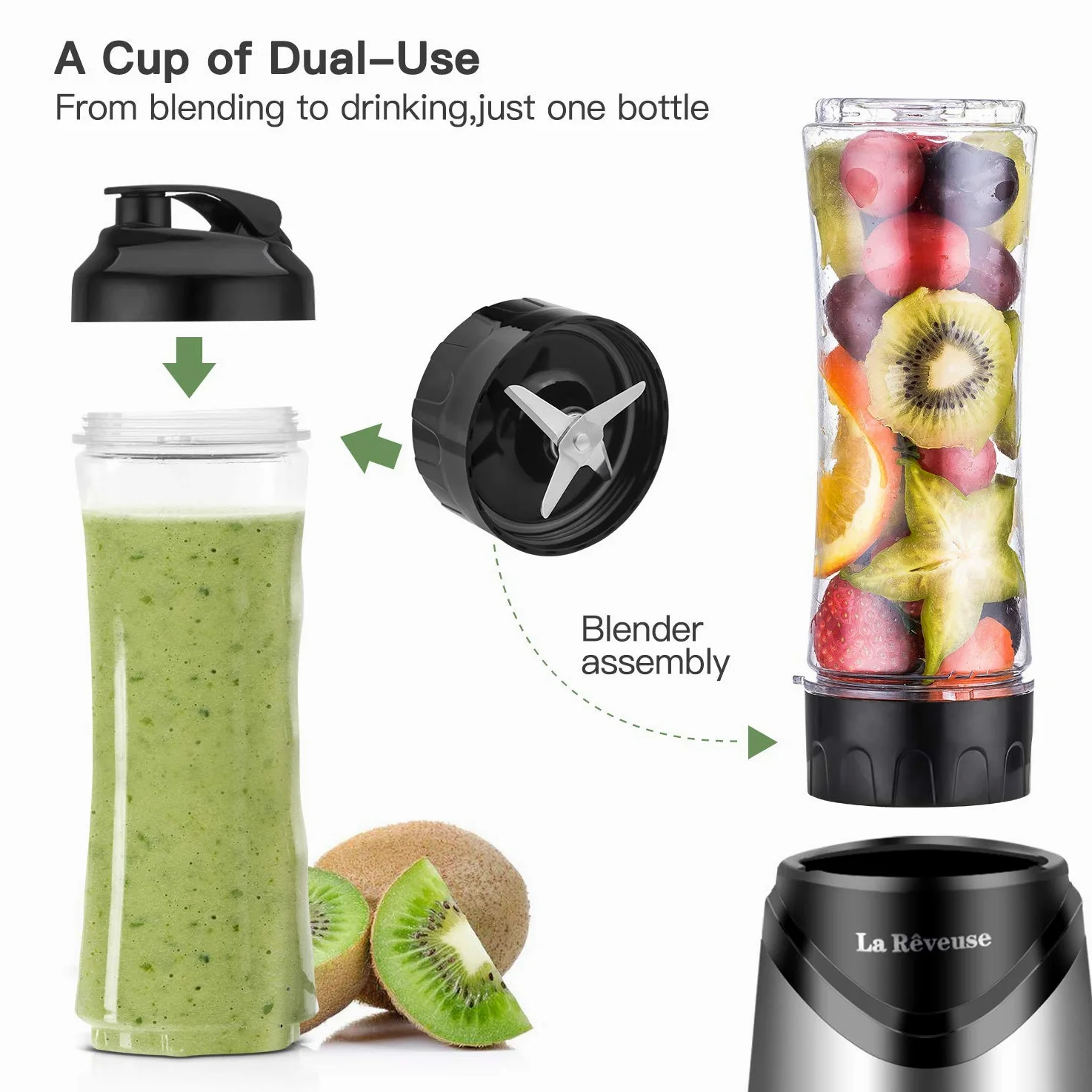 La Rêveuse Frullatore Personale Mini-size Blender con 2 Bottiglie Portatili 550ml,senza BPA,2 Coperchi da Viaggio,Mixer per Smoothie (Silver)