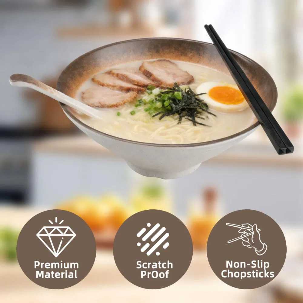 2 Set Ciotola Ramen In Plastica Melamminica Grande Ciotole Ramen Giapponese Con Cucchiai e Bacchette per Pasta Zuppa di Noodles,1100ml