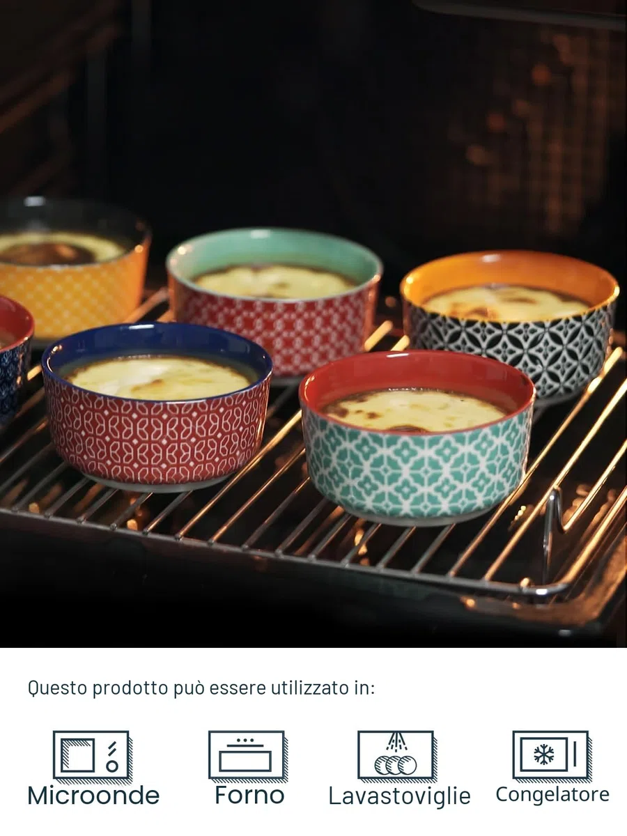 DOWAN Ciotole per Salse in Porcellana, 176 ml Ciotole per Dessert Set da 6 con Coperchi - Ciotola Impilabile per Salse, Snack, Dessert, Tapas, Creme Brulée Ciotole, Multicolore