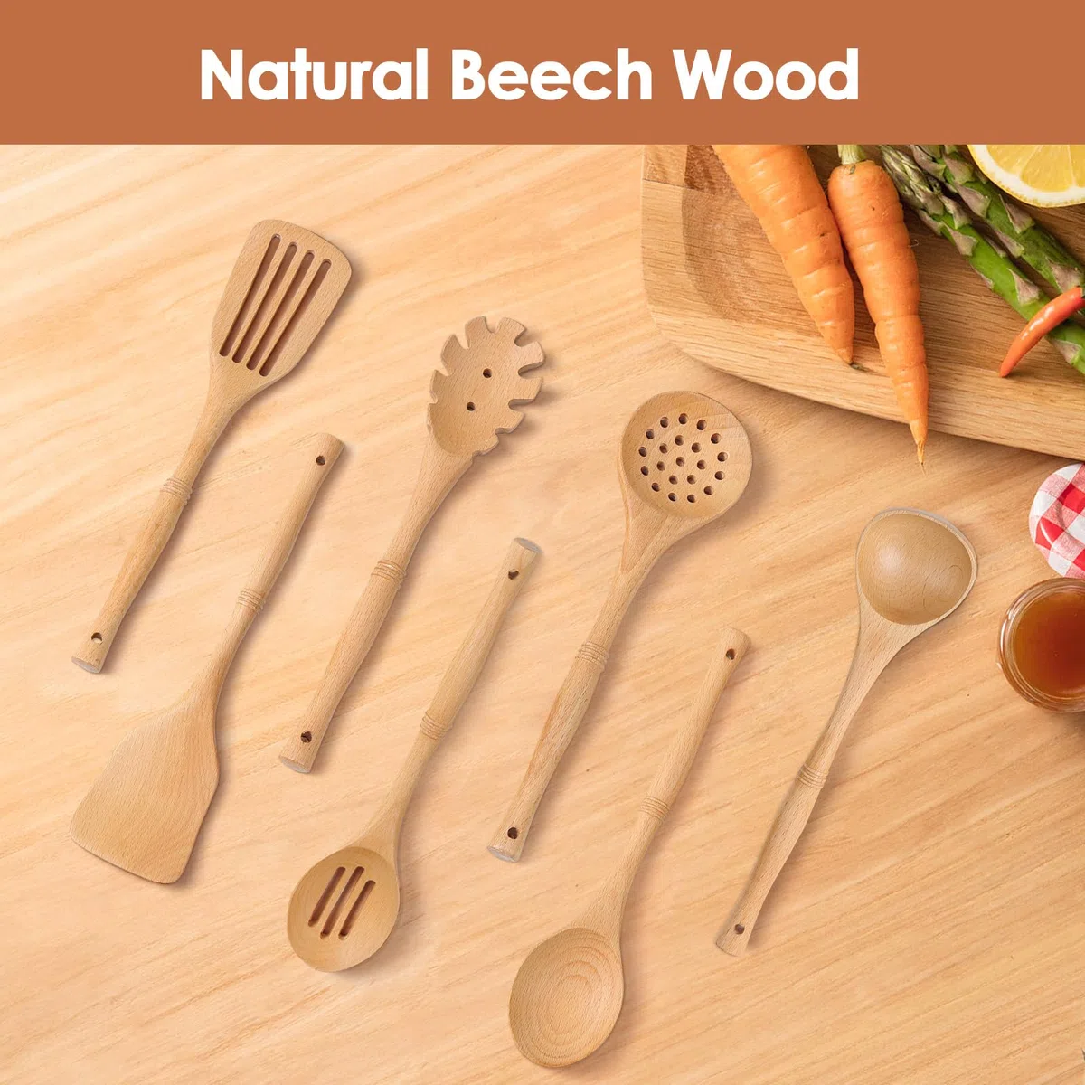 comfoyar Utensili da Cucina Set, 7 Pezzi Cucchiai di Legno per Cucinare Set con Spatola e Ladle, Resistente al Calore Mestoli in Legno per Pan Antiaderente-Faggio