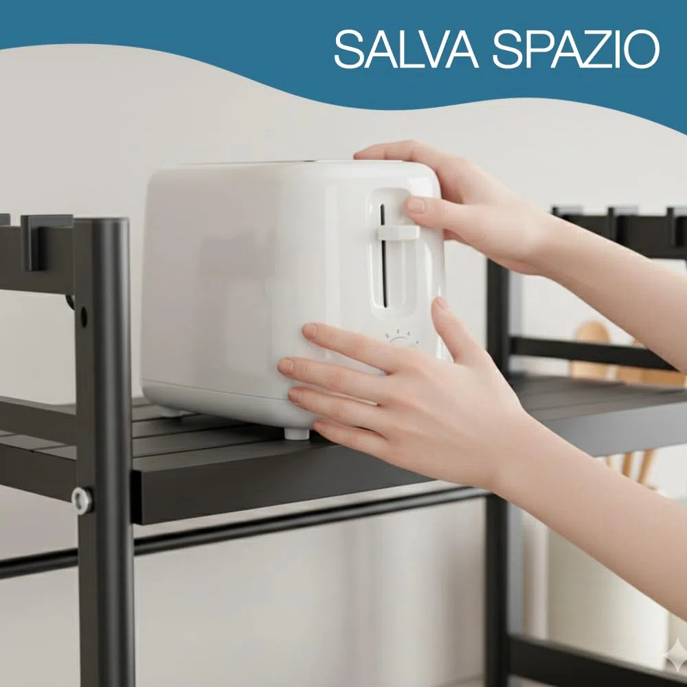 Supporto per Microonde Mensola Regolabile e Salvaspazio Scaffale da Cucina Mobiletto Aggiustabile con Gancio Counter Ripiano Due livelli
