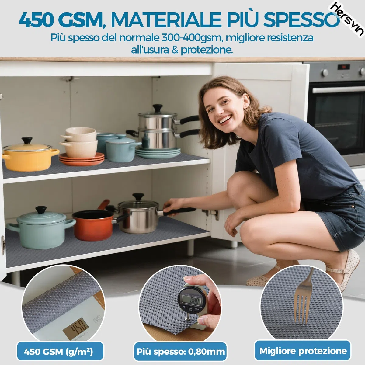 Hersvin Tappetino per Cassetti Cucina, 60cm x 500cm Non-adesivo Rotolo Plastica, Tappetini Salva Mobili, Rivestimento Protezione Ripiani, Proteggi Superficie (Grigio Scuro/Puntino)