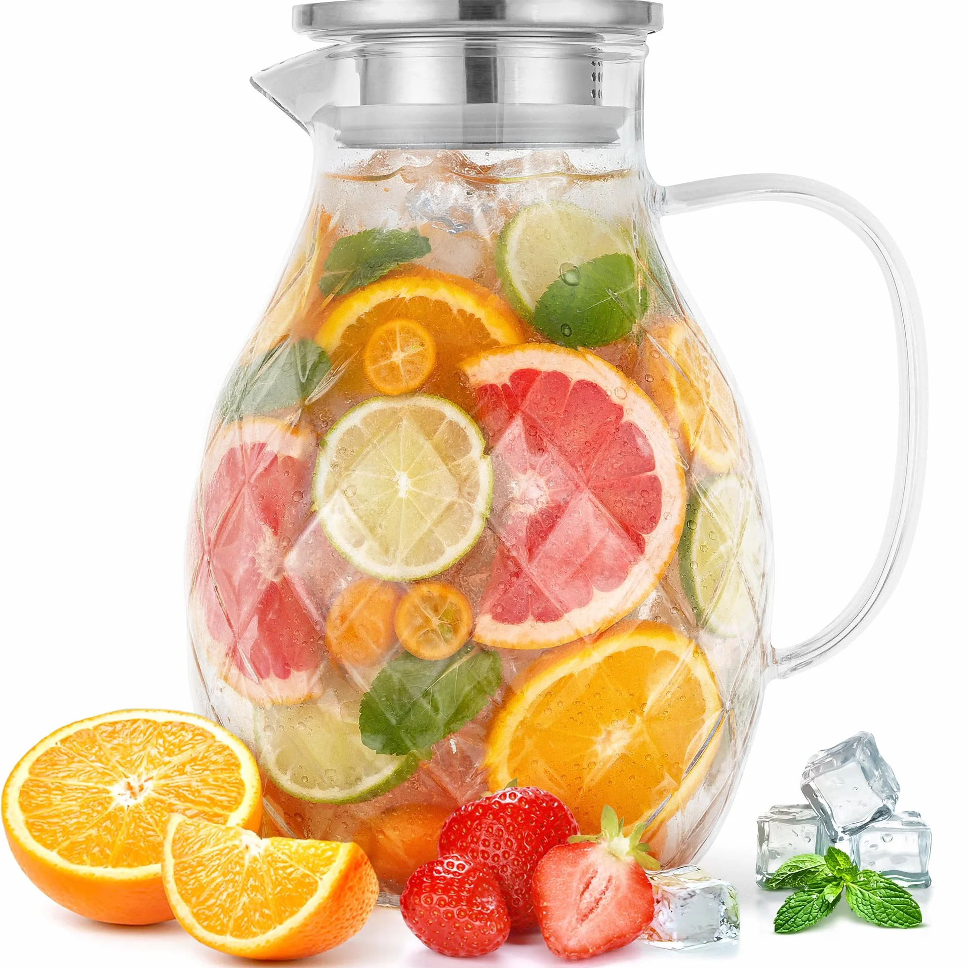 Brocca in vetro borosilicato di alta qualità con coperchio e beccuccio - 2litri, vetro borosilicato con manico - Caraffa per bevande calde/fredde - Brocca per l'acqua - Brocca per tè freddo