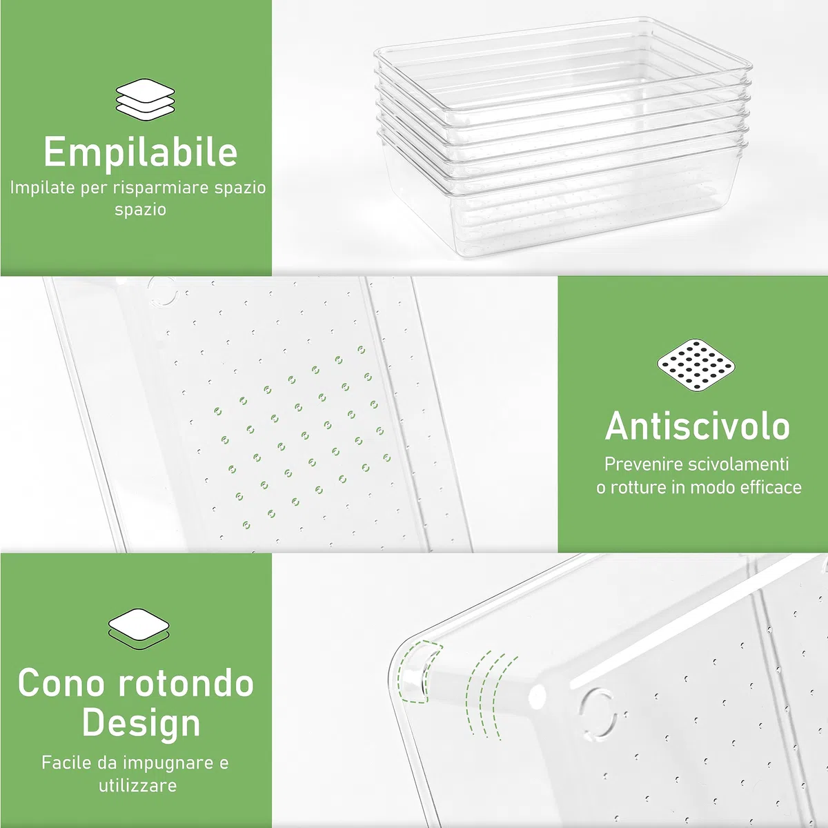 Set di 6 Organizer Cassetti Cucina Trasparente, Plastica Organizer per Cassetti Bagno Scrivania Letto Scatole Cassetto, per Contenitori Trucchi, Posate, Gioielli, Organizzatore Cassetti Portaoggetti