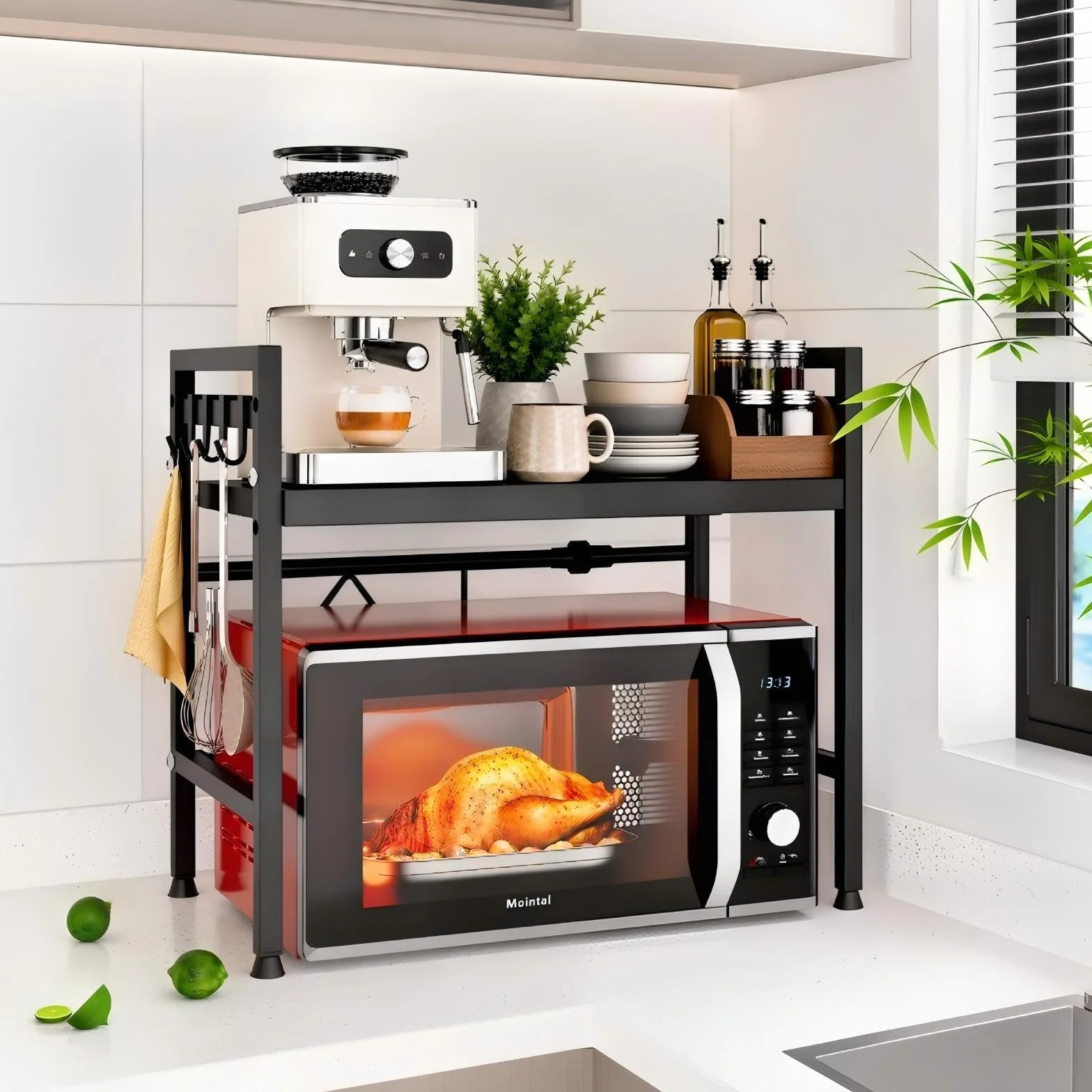Ripiano Espandibile per Microonde, Mensola a 2 Livelli per Risparmio Spazio in Cucina, Supporto Microonde in Acciaio al Carbonio, Organizzatore di Stoccaggio per Cucina con 8 Ganci, Nero