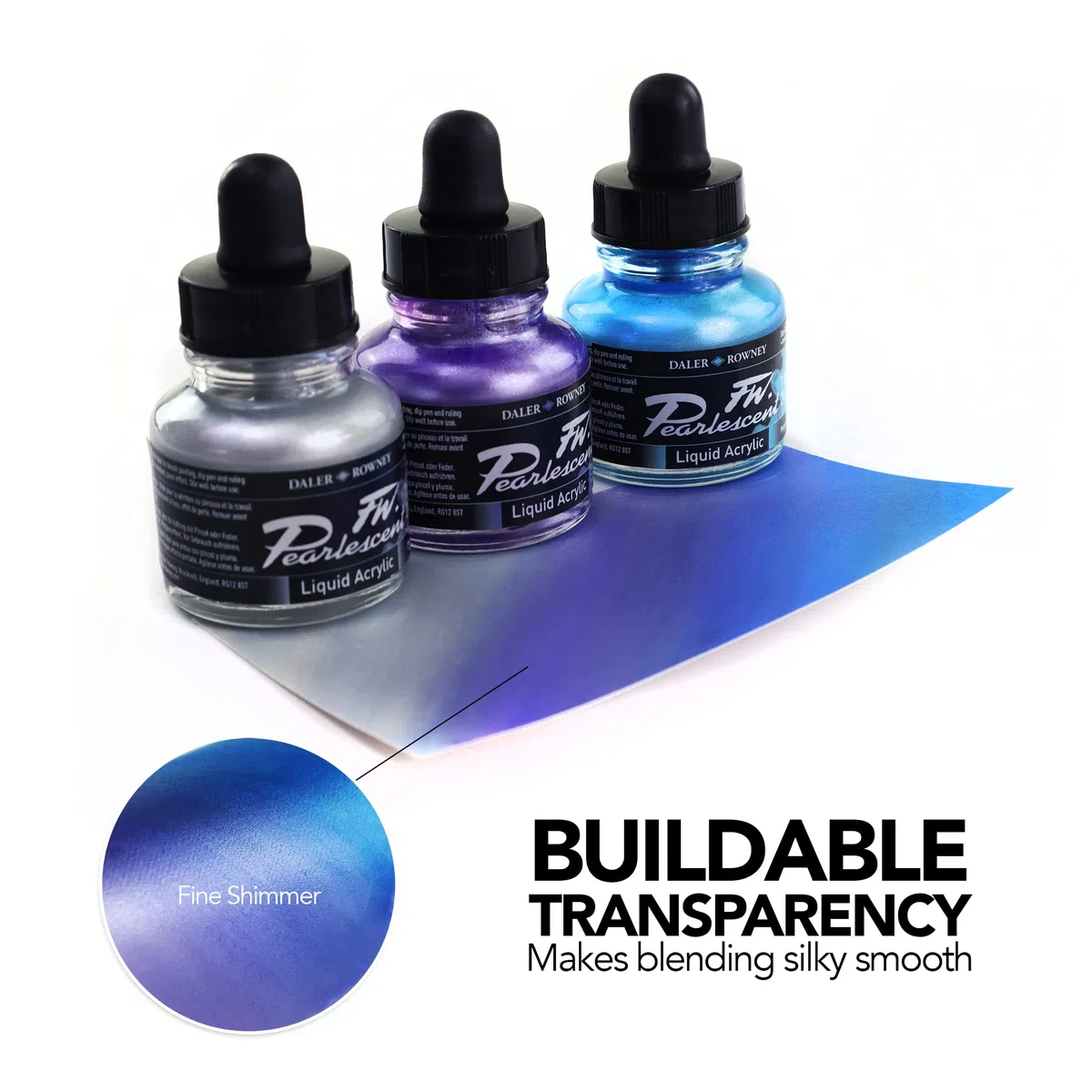 Daler Rowney FW, Set di inchiostri acrilici per artisti e studenti, 6 colori perlescenti con pennarello vuoto
