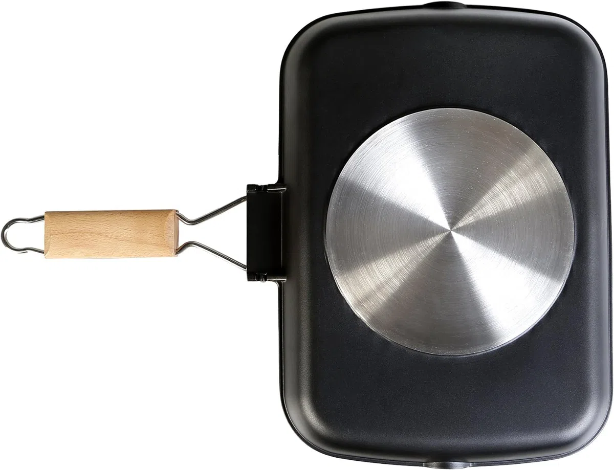 WECOOK! Ecostone Bistecchiera Ondulata, Induzione, 34 x 24 cm, Antiaderente ILAG Ecologico senza PFOA, Alluminio Fuso, 5mm di Spessore, Manico in Legno Pieghevole, Vitroceramica, Gas
