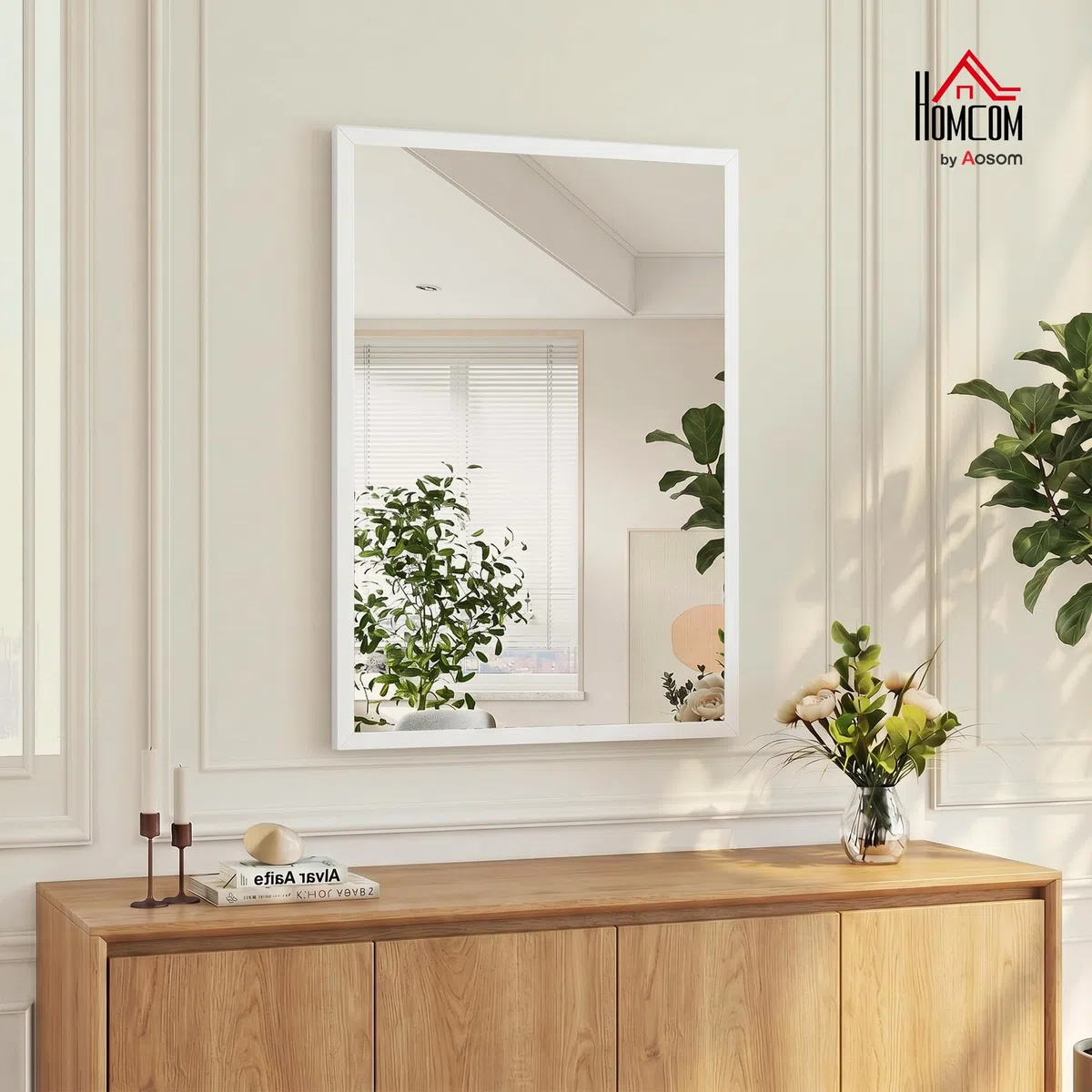 HOMCOM Specchio Bagno Parete Rettangolare con Ganci, Specchio da Camera in Vetro e MDF, 50x70 cm, Bianco