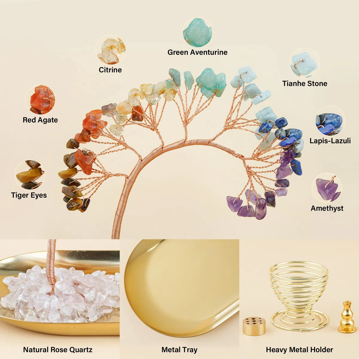 ZenBless 7 Chakra Healing Crystal Tree Incense Holder Palo Santo Holder Sage Burner Brass Ash Catcher for Incense Sticks/Coil Incense/Incense Cones Yoga Meditation Zen Spiritual Room Home Decoration