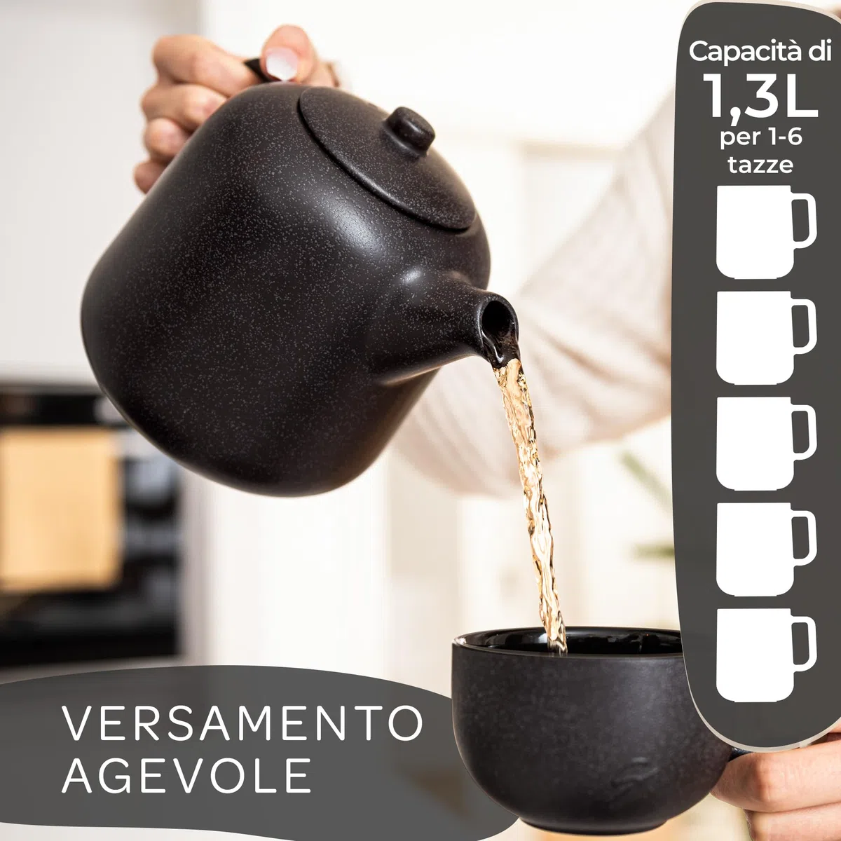STEINZEIT Design Teiera con infusore (1,3L) - Teiera con filtro in acciaio inossidabile 304 - Teiera ceramica con smaltatura unica e filtro estraibile - Teiera nera