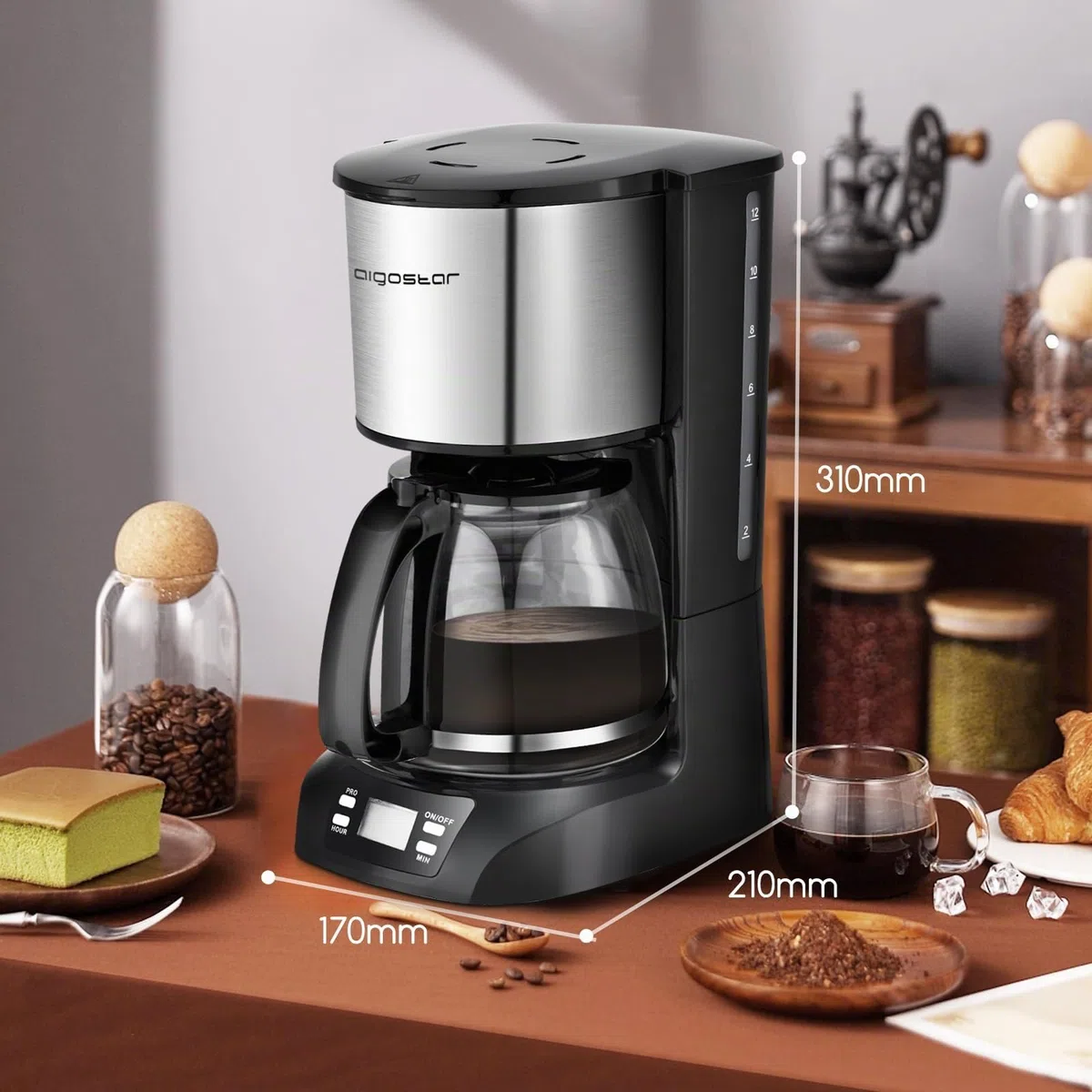 Aigostar Benno - Macchina da caffè americano e tè da 800 W con filtro riutilizzabile e piastra riscaldante, macchina caffe con mantenimento calore, capacità 1,5 L, timer 24 ore, sistema antigoccia