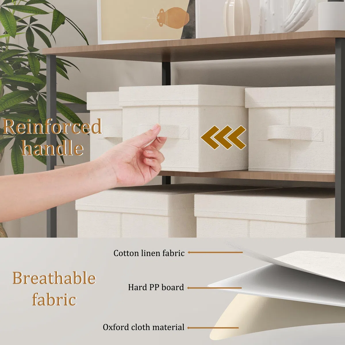 3er Scatole di Stoccaggio, Contenitore in Tessuto con Coperchio, Organizzatore di Vestiti con Maniglia, Utilizzato in Camera da Letto o Soggiorno, 33x23x18cm, Beige