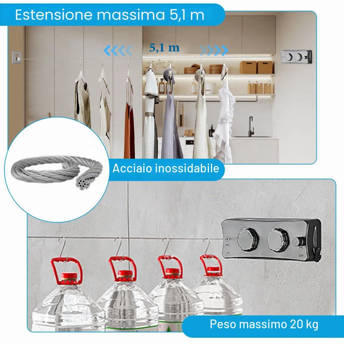 Stendibiancheria Retrattile 5.1 m Doppio Filo Stendibiancheria a Parete Acciaio Inossidabile Corda da Bucato Riavvolgibile per Interni ed Esterni (Grigiastro) (Grigio)