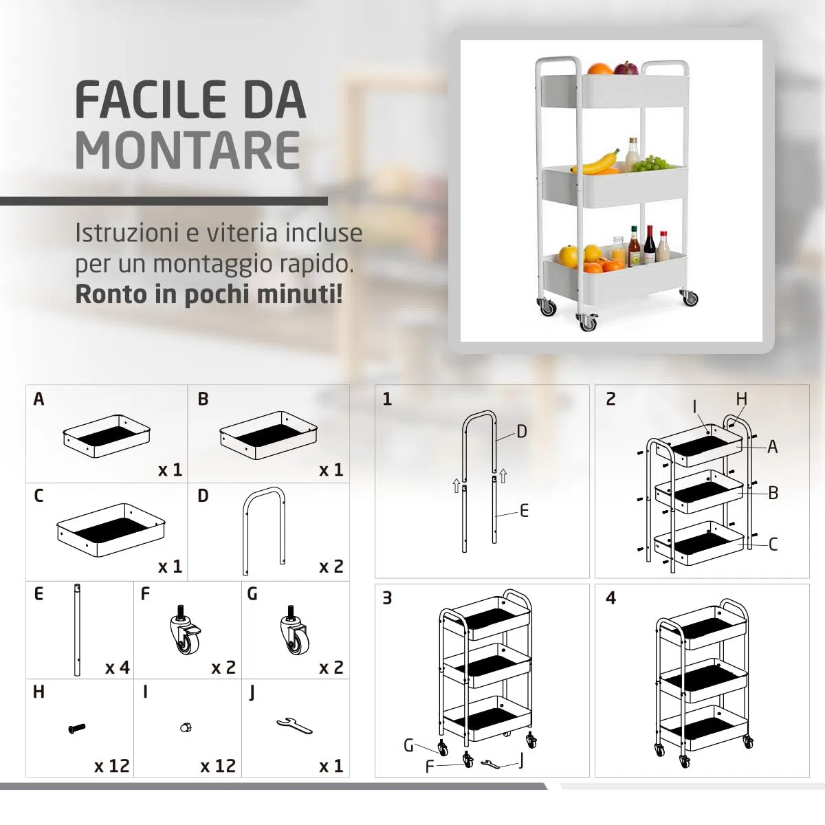 Amig - Carrello da cucina a 3 livelli con ruote Mod. LINN - Scaffale ausiliario in acciaio - Bianco - Carrello multiuso per cucina, bagno o ufficio - 40,5 x 28 x 76 cm