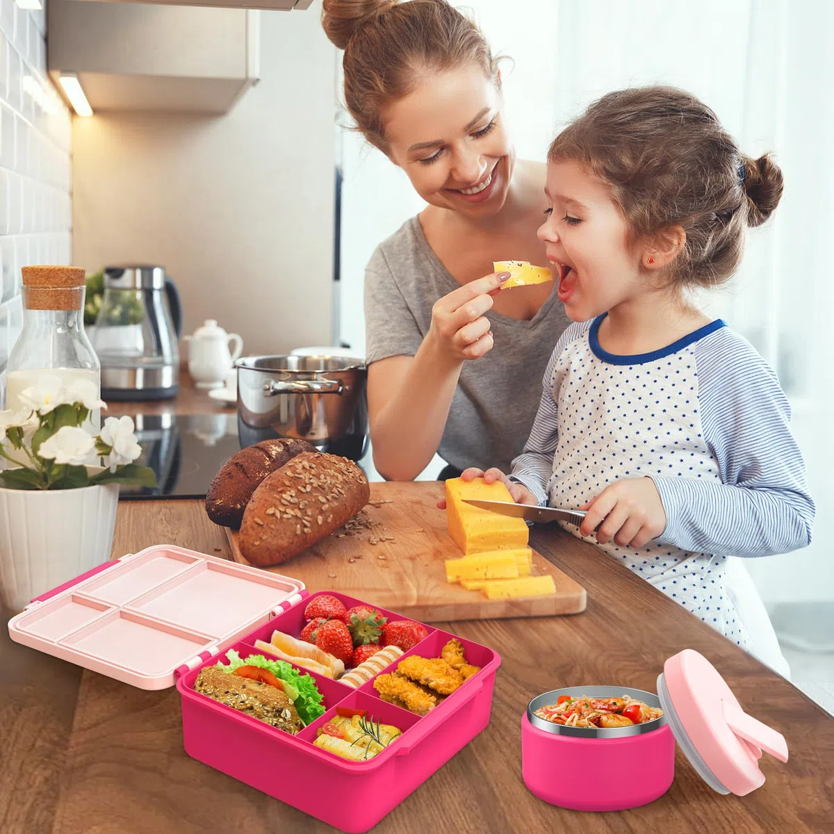 Itslife Set pranzo per bambini con contenitore termico da 300 ml, a prova di perdite, contenitore per il pranzo per bambini con 4 scomparti, borsa termica senza BPA, per bambini, scuola, gite (rosa)