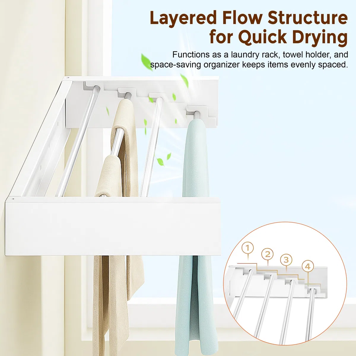 32” Wall Mounted Hanging Drying Rack Laundry for Kitchen Bathroom Use - Foldable Indoor Outdoor Drying Line with 4 Steel Poles - Collapsible Laundry Organizer Clothes Rack for Outdoor Balconies