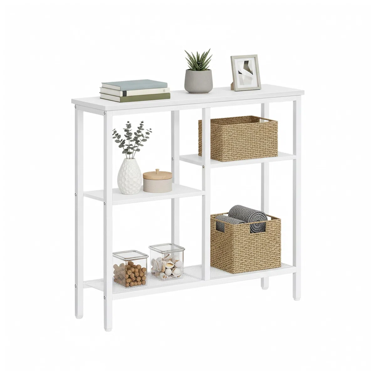 Baroni Home Consolle Ingresso, Tavolo Consolle con Struttura in Metallo Bianca e 4 Ripiani in MDF, Mobile Salvaspazio per Ingresso, Soggiorno e Corridoio, Facile da Montare, 22x75x76 cm
