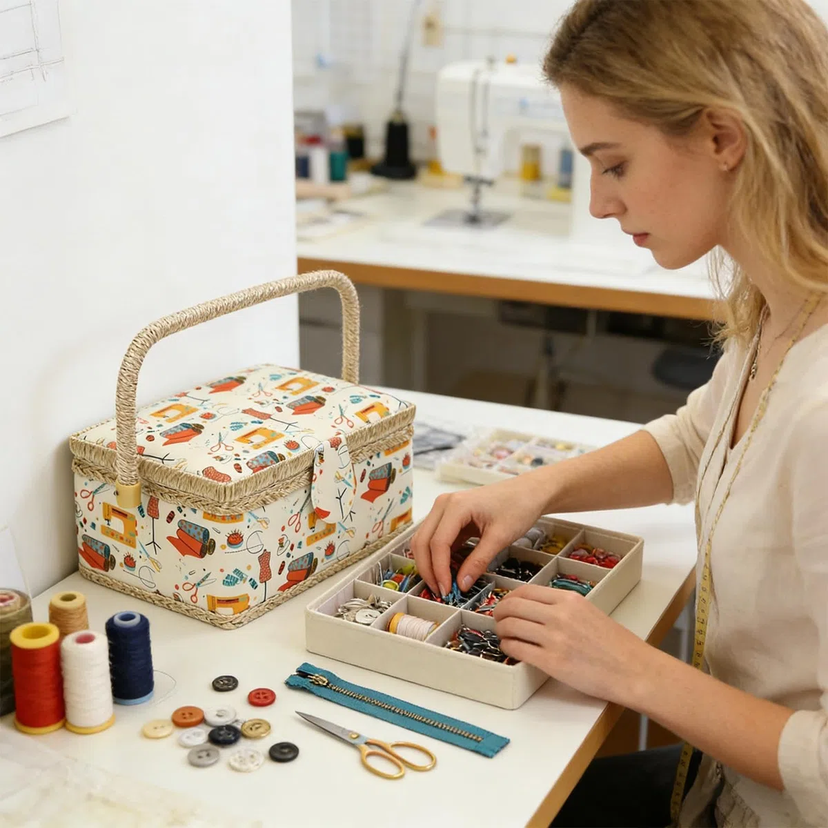 Cesto portaoggetti per kit da cucito, grande organizer da cucito con vassoio rimovibile, contenitore per oggetti artigianali, design strutturato, contenitore per accessori, uso domestico e da viaggio