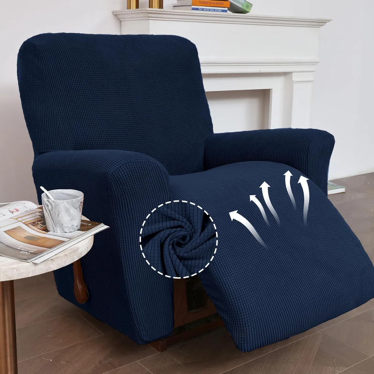 KEKUOU Fodera per poltrona reclinabile, 1 pezzo, protezione per mobili con fondo elastico, per bambini e animali domestici, in tessuto jacquard con motivo a quadri (poltrona reclinabile, blu navy)