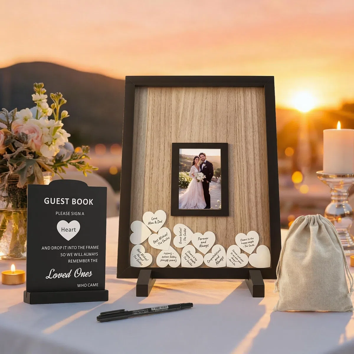 Libro Ospiti Nuziale a Forma di Cuore in Legno Rustico – con Cornice e Scatola Biglietti, Decorazione Personalizzata per Matrimonio, Feste e Compleanni (Rettangolare)