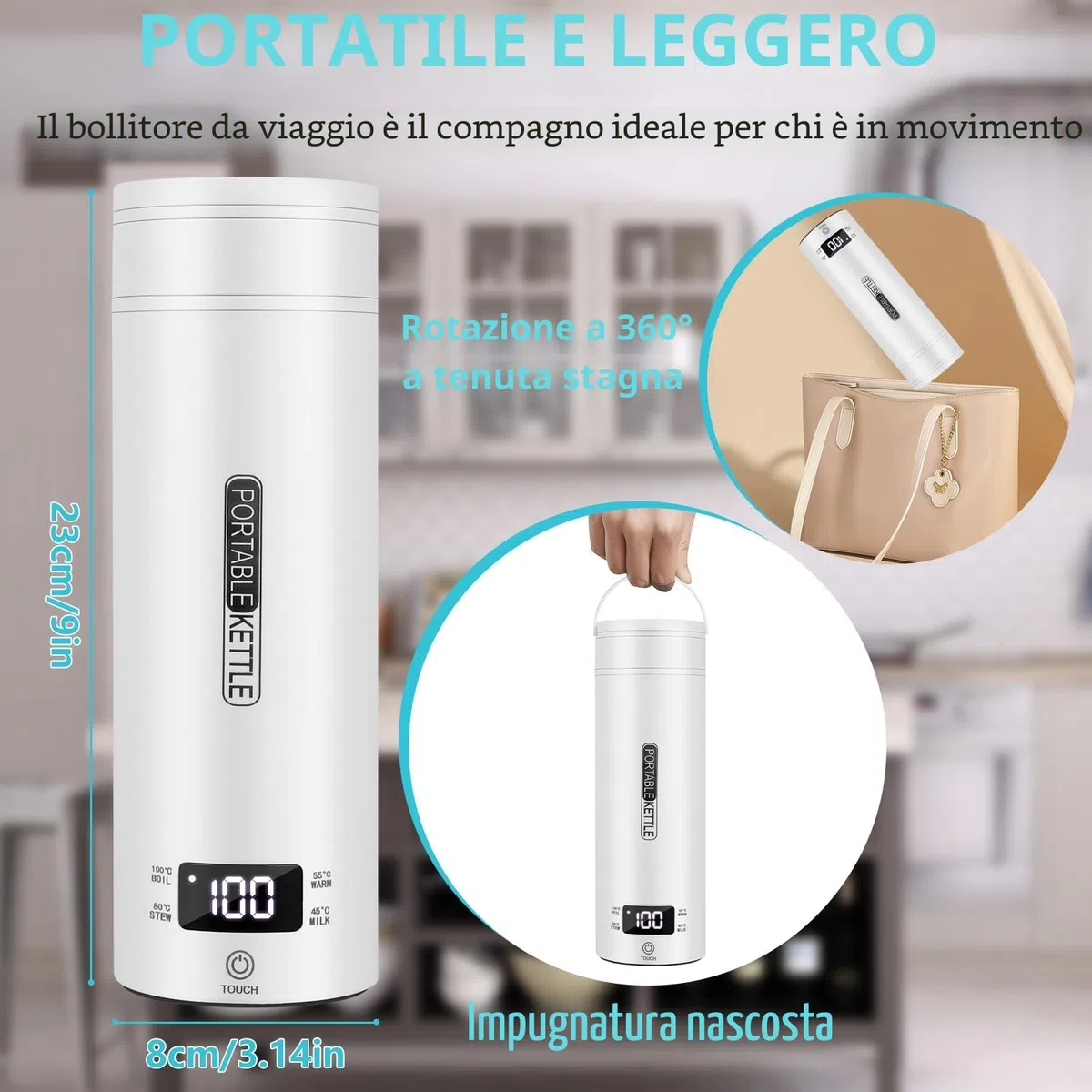 Bollitore Elettrico da Viaggio,450 ml Mini Bollitore Portatile,Tazza D'acqua in Acciaio Inox 316 con Regolazione Della Temperatura,Spegnimento Automatico per Latte per Bambini,Tè, Caffè,Campeggio
