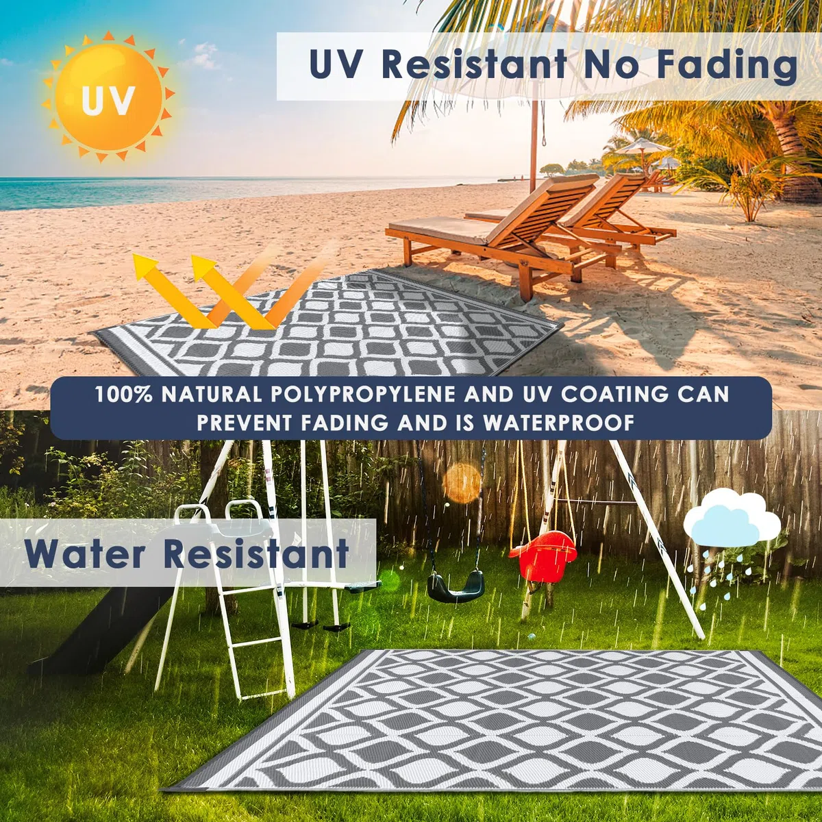 VK·LIVING Tappeto da Esterno Impermeabile 150X240cm Tappeto da Giardino Reversibile Tappeto da Esterno Moderno in Plastica Tappeti d'area Leggeri e Portatili per Balcone Campeggio Grigio&Bianco