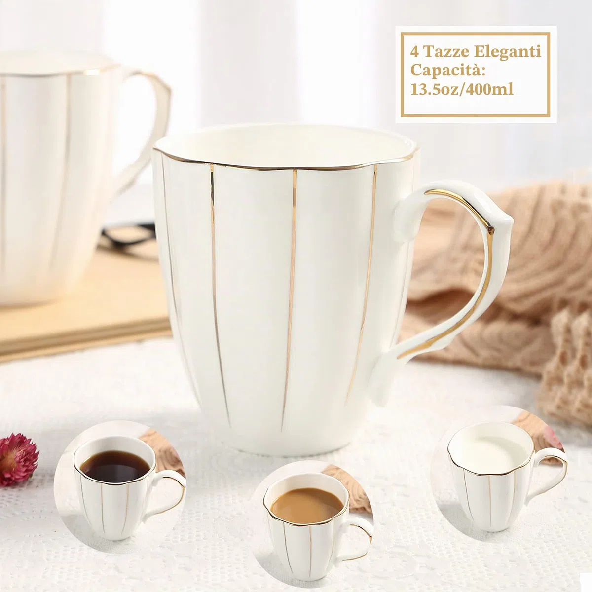 DUJUST Set di 4 Tazze da Caffè (382,7 g), Design Britannico di Lusso con Finiture Dorate Artigianali, Set di Tazze in Porcellana Bianca e Oro di Prima Classe per Caffè, Tè e Latte