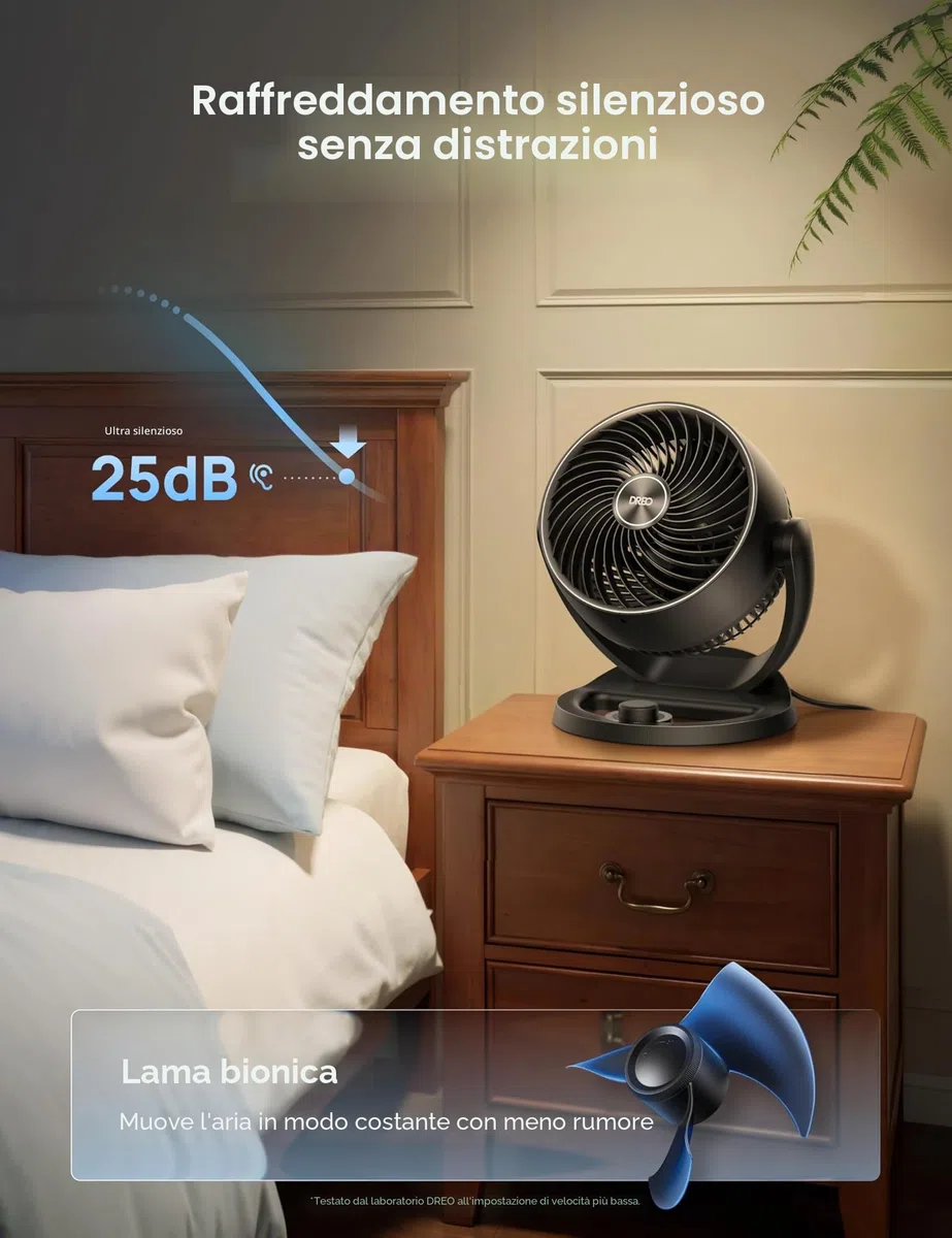 Dreo 28 dB Ventilatore da Tavolo Silenzioso, Diametro 18 cm, 3 Velocità, Inclinazione Regolabile a 120°, Compatto, Discreto, Portatile Per Camera Da Letto o Ufficio, Modello Fox One, Nero