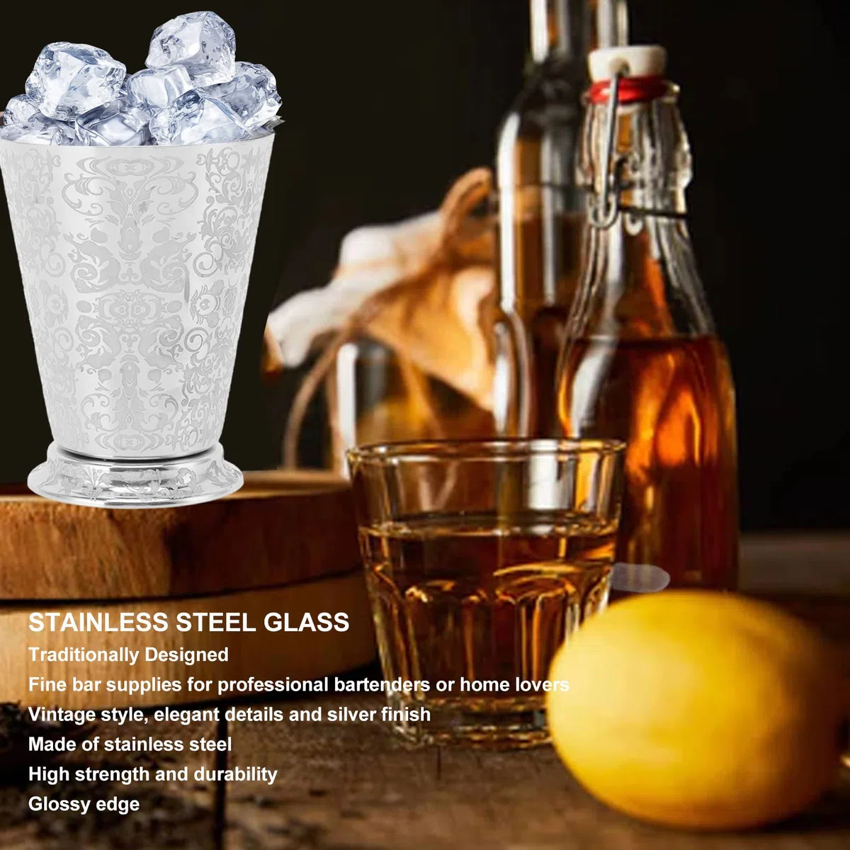 Tissting 400ml Mint Julep Cup, Bicchieri da Cocktail in Acciaio Inossidabile 304 Bicchieri da Cocktail in Metallo Moscow Mule Argento per Feste, Bar, Casa, Ristorante(Modello Totemico)