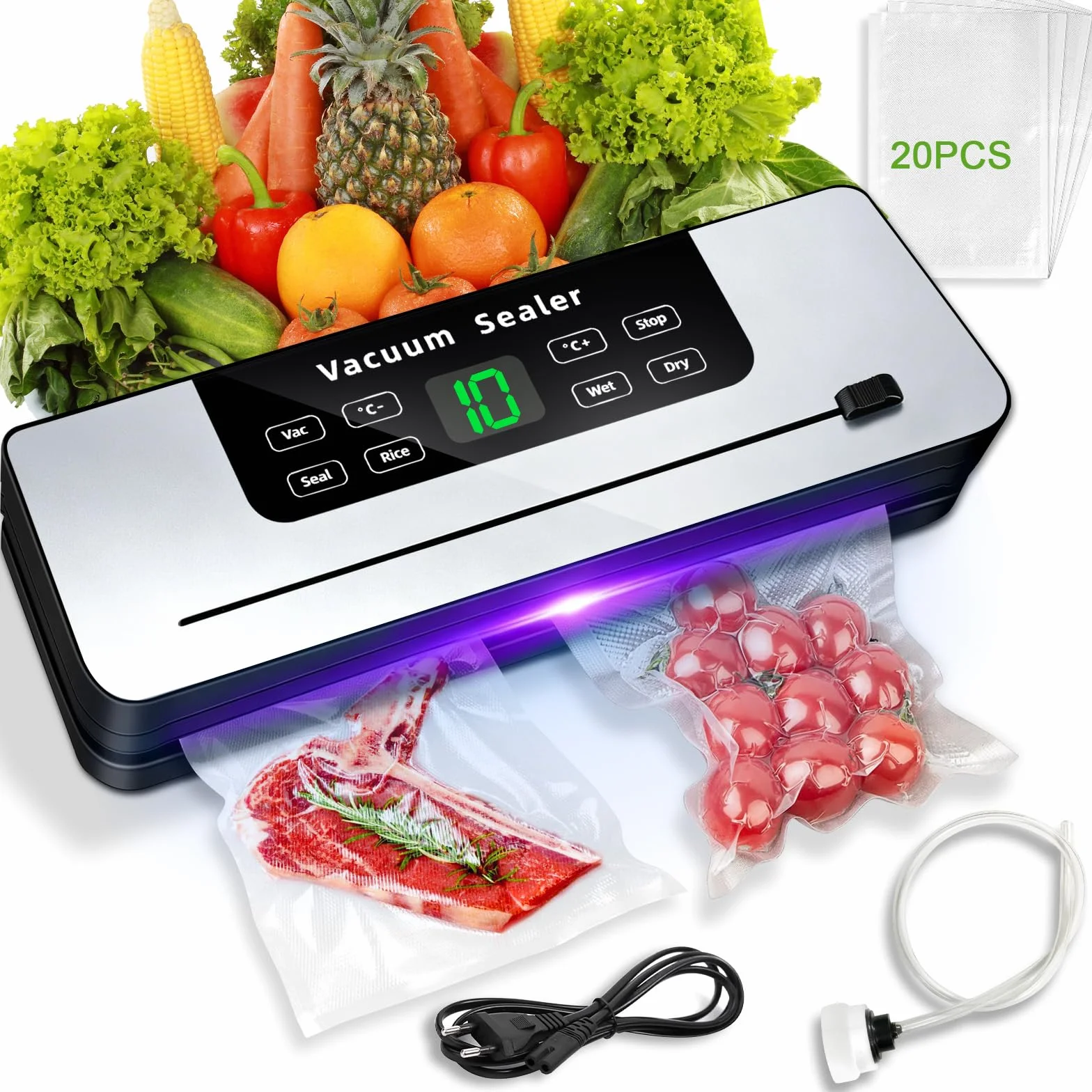 7 in 1 Macchina Sottovuoto Alimenti, Automatica secchi che umidi alimenti Macchina per sottovuoto con Coltello da taglio, Vacuum Sealer con Modalità Vuoto Esterno et 20 Sachetti Sottovuoto