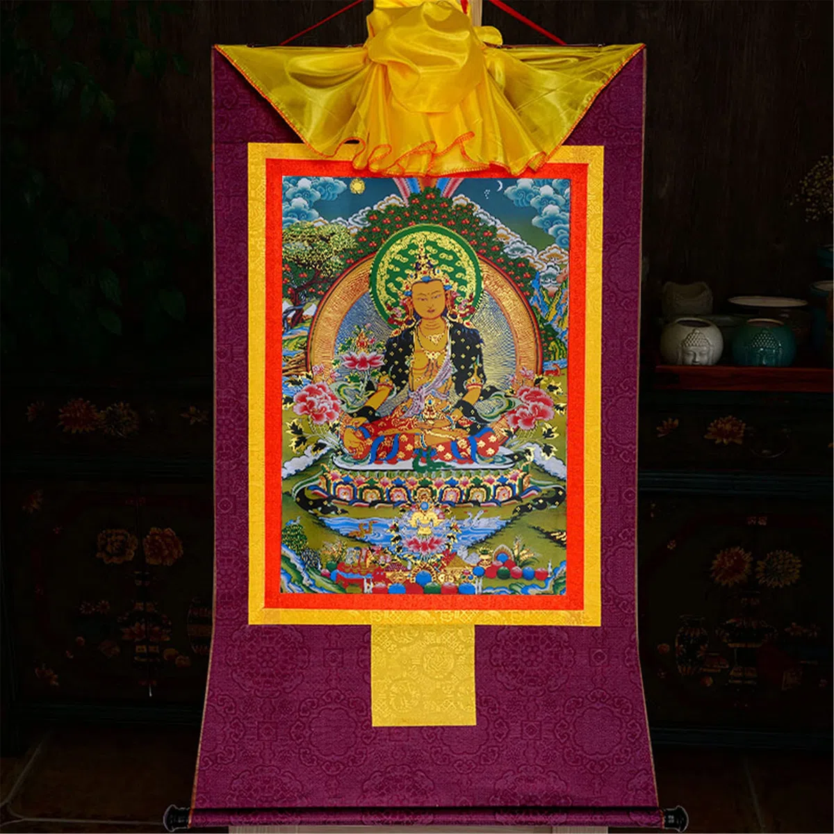 Gandhanra Thangka Tibetano - Ksitigarbha Thangka - Arazzo di Buddha a Stampa Dorata per Decorazione Zen, Meditazione, Rilassamento Spirituale e Pace