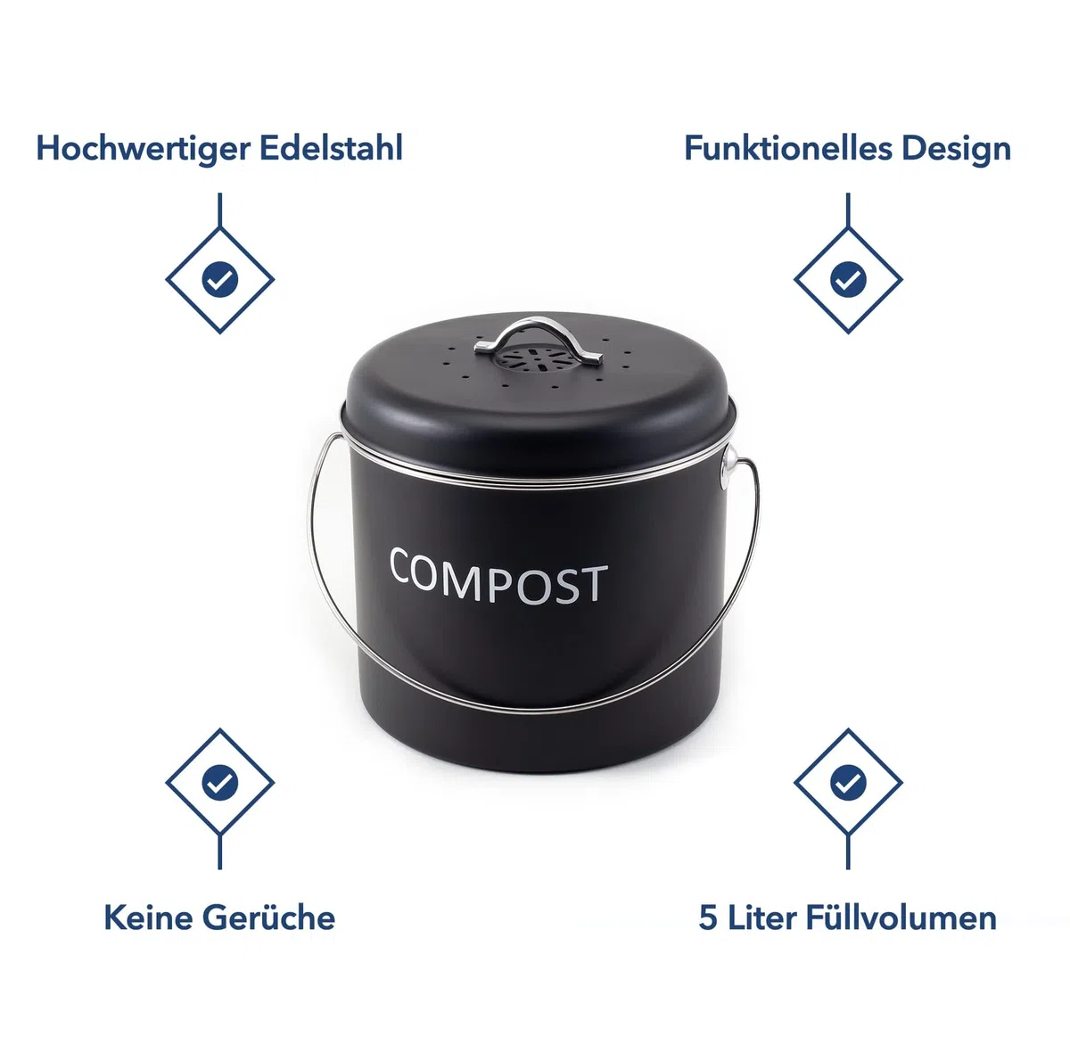 Hanseküche Bidone per compost da cucina, 5 l, di alta qualità, per rifiuti biologici, con 2 filtri a carbone attivo, pattumiera per rifiuti organici inodore con coperchio e manico
