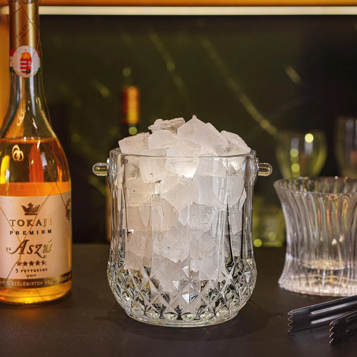 Secchiello del ghiaccio in vetro con manico e pinza per ghiaccio, con capacità di 37 once di ghiaccio, secchi trasparenti in cristallo per bar a casa, accessori per cocktail, vino, feste, secchiello