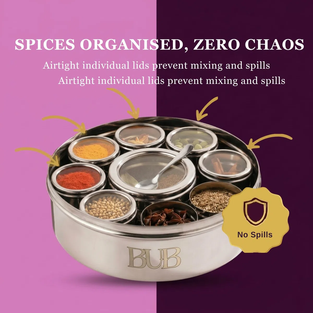 Bub: Masala Dabba - Contenitore per spezie grande da 22 cm, 9 barattoli per spezie con coperchi singoli, contiene 12 spezie, in acciaio inox lucido, con cucchiaio da portata e coperchi in acrilico
