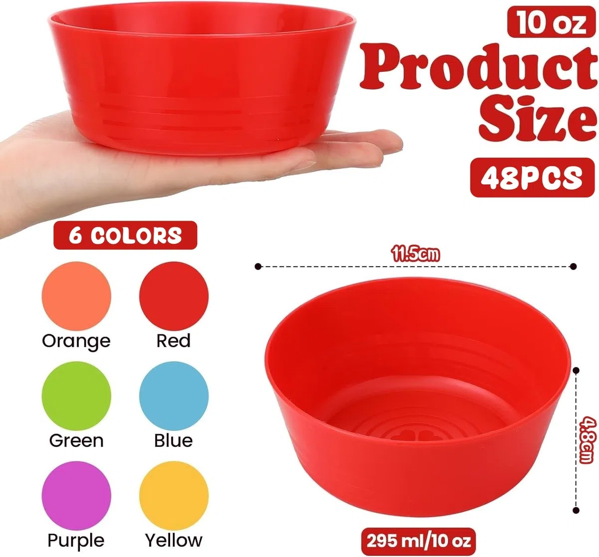 LATERN 48 ciotole di plastica riutilizzabili, 300 ml, infrangibili in plastica per bambini, microonde e lavabili in lavastoviglie, per cereali, zuppe, spuntini, insalata di frutta (6 colori)